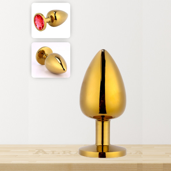 Gold Altın Anal Oyuncak Kırmızı Taşlı Paslanmaz Metal Anal Plug Tıkaç Medium
